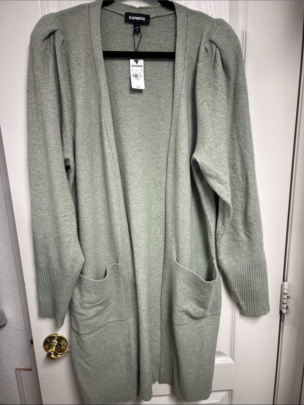 Express Women's Sage Green Open-Front Long Cardigan